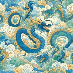 Fototapeta premium Peaceful Dragons A soothing dragon pattern with blue green and y