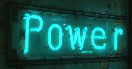 Neon sign power failure deep obsidian radiant turquoise mounted inside old space station orbiting glowing gas planet