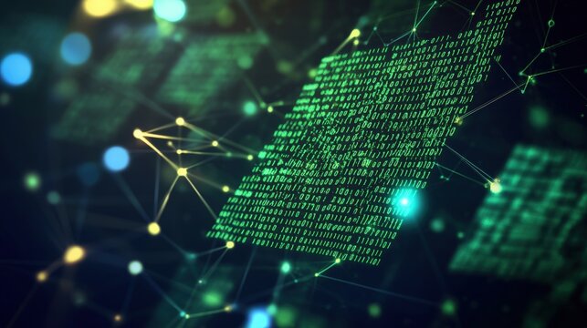 Striking green and black background featuring dynamic binary code patterns symbolizing digital innovation and technology