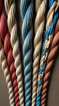 A row of ropes with different colors. The ropes are red, blue, and white. The blue rope is in the middle of the row