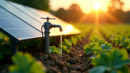 Sunlight solar cell kit powering a water pump used for irrigation on a farm.  Depth of field, warm tones,  vibrant lighting, serene atmosphere, realistic style, high quality,  detailed rendering of so