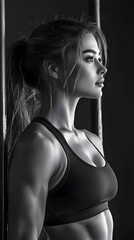 Striking black and white close up photograph of a muscular sculpted female fitness model showcasing her chiseled physique and 6 pack abs under dramatic studio lighting with high contrast shadows