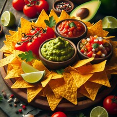 Nachos Tortilla chips with cheese guacamole and salsa