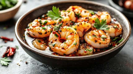 Fototapeta premium Spicy shrimp in a dark bowl, garnished with parsley. Perfect for menus, blogs, or articles about seafood recipes.
