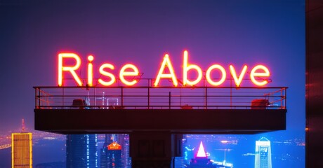 Neon sign rise deep jade cyber orange glowing helipad futuristic skyscraper reflecting city skyline