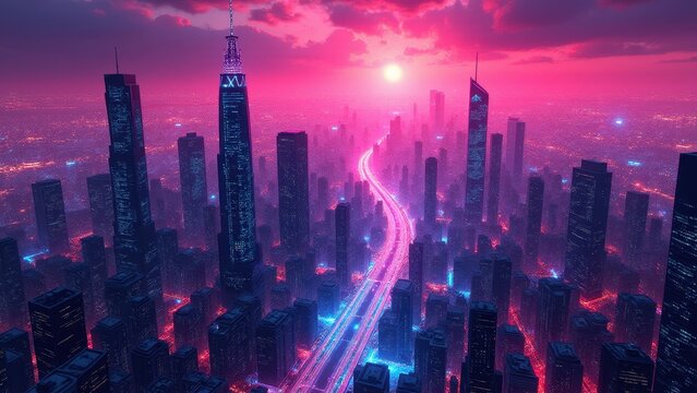 AI-generated networks, A glowing cityscape of neural networks and data rivers under a digital aurora bright magenta twilight sky with photoreal