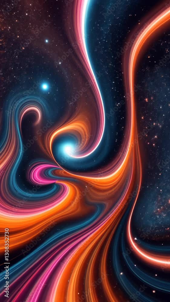 Poster a colorful spiral of lines and stars. the lines are orange and blue. the stars are scattered through