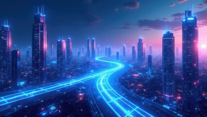 AI-generated networks, A hyper-realistic cityscape from AI-generated neural networks glowing pathways intertwined with futuristic designs again