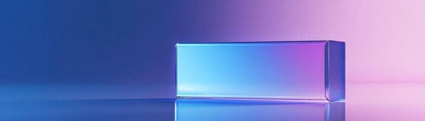 Obraz premium A close-up view of a transparent glass block resting on a wooden table, reflecting light beautifully, set against a soft gradient background of pink and blue hues, creating a serene atmosphere.