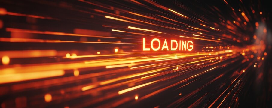A close-up view of a vibrant, glowing loading sign, featuring a circular design with animated segments, set against a deep black background that enhances its luminous effect.