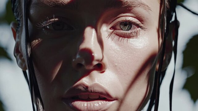 A dramatic close-up of a woman&rsquo;s face with wet skin illuminated by sunlight and shadows. Strands of wet hair frame her features, creating a striking visual effect