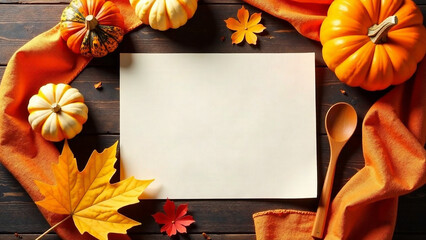 Generate an AI photo of a blank sheet of paper surrounded by pumpkins, wooden spoons, fall leaves, and an orange cloth. The scene should be rustic, autumnal, and evoke a cozy Thanksgiving vibe.  Use w