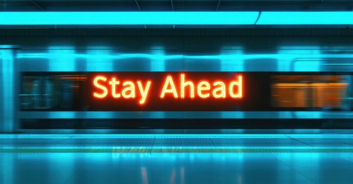 Naklejki Neon sign stay ahead warm amber bright cyan glowing futuristic train station reflecting smooth glass panels bullet trains motion