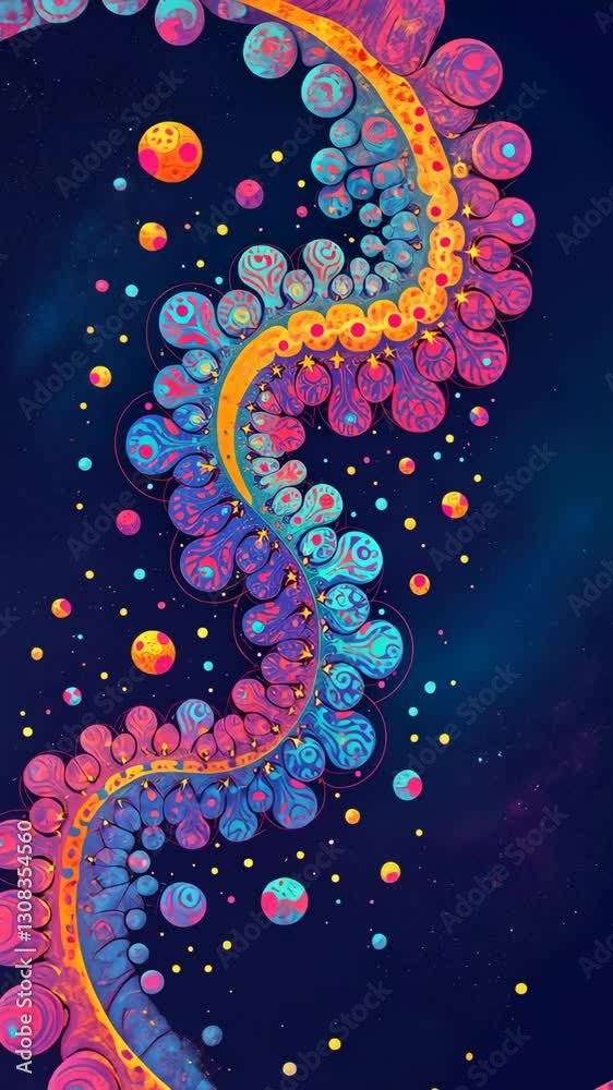 Poster a colorful painting of a flower with many different colored balls. the flower is blue and yellow. th