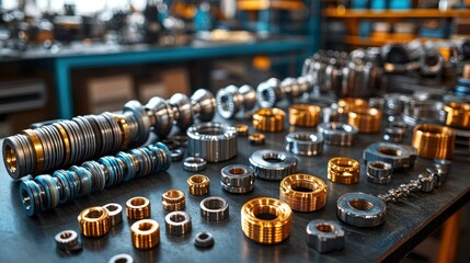 Metal parts scattered on workshop table. Mechanical components in factory setting