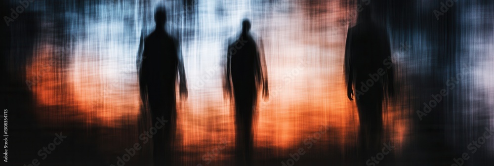 Aufkleber Mysterious figures emerge from darkness with blurred shadows and a haunting atmosphere in an abstract setting Generative AI