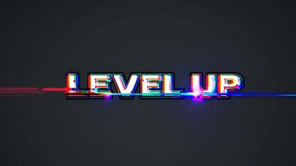 The phrase "LEVEL UP" is displayed in glitchy, multicolored text on a dark background. The distorted digital effect gives a retro-futuristic and gaming-inspired appearance. - Powered by Adobe
