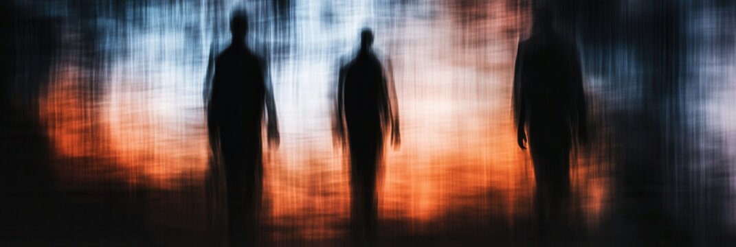 Mysterious figures emerge from darkness with blurred shadows and a haunting atmosphere in an abstract setting Generative AI