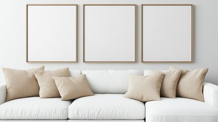 A comfortable couch adorned with soft pillows and a blank poster for a minimalistic living room aesthetic