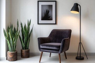 Modern armchair in a minimalist living room with plants and art