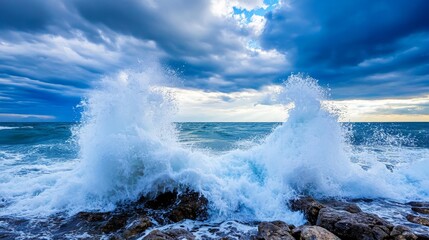 Obraz premium Majestic Ocean Waves Crashing on Rocky Coast - Powerful ocean waves, dramatic sky, rocky shoreline, nature's power, serene beauty. Symbolizing strength, resilience, untamed nature, tranquility