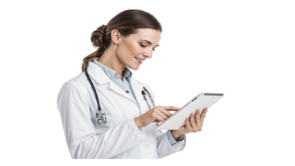  Beautiful doctor using tablet isolated on transparent background