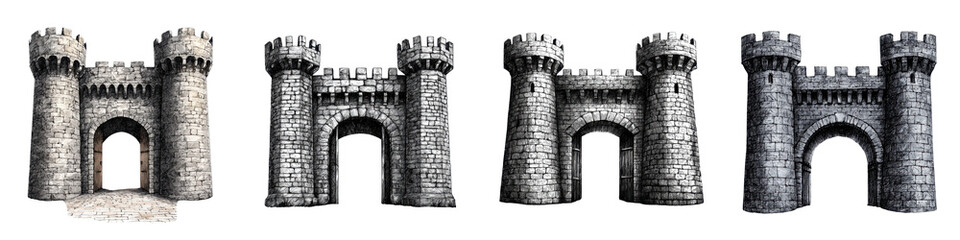 Majestic Medieval Castle Fortresses with Towering Turrets Battlements and Ornate Gates in Detailed Architectural Historic ancient stone structures with defensive walls