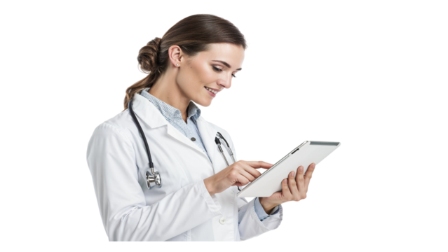  Beautiful doctor using tablet isolated on transparent background