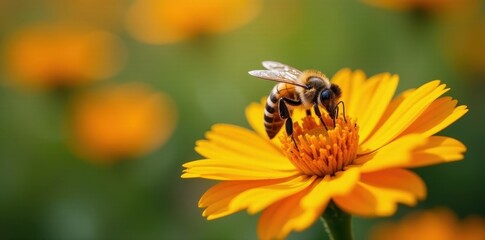 Busy bee on vibrant summer flower, collecting nectar, outdoors, vibrant