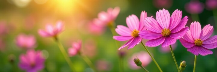 Obraz premium Cosmos flowers in full bloom, soft sunlight, green foliage , wildflower, soft, macro