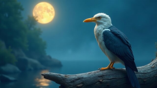 Serene Nocturnal Aviary Scene A Majestic Bird Perched on a Weathered Branch Underneath a Full Moon's Glow