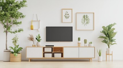 Cozy living room featuring a modern tv cabinet with ample storage space and indoor plants for a fresh atmosphere