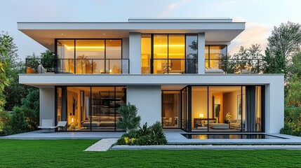 Fototapeta premium Modern house exterior with pool at dusk, illuminated, surrounded by green garden