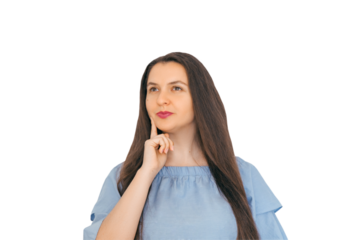 A young, attractive girl shows emotions of surprise, thinking about a new idea. White background.