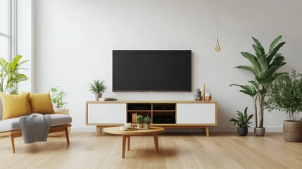 Cozy living room featuring a modern tv cabinet with ample storage space and a couch for comfortable viewing experience