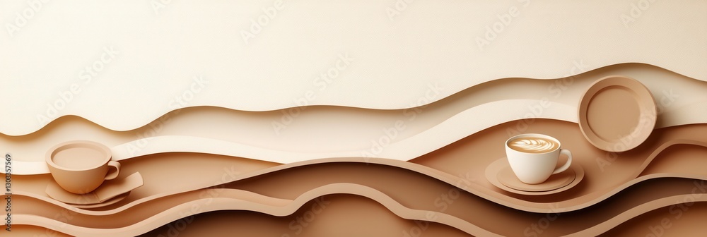 Fototapete inviting layered paper art design featuring coffee cups and plates in warm earthy tones with elegant