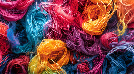 arrangement of colorful yarn threads tangled in an abstract way, forming an organic art piece on a canvas 