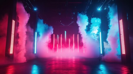 Neon Lights and Smoke Pink and blue neon lights illuminate a smoky, futuristic scene. Ideal for music, technology, or nightlife projects.
