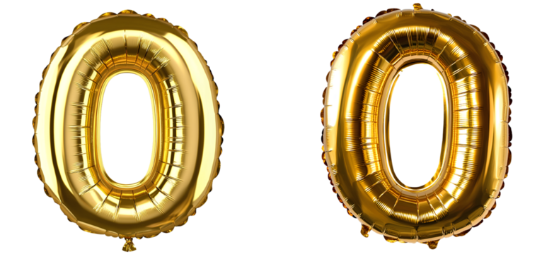 The golden number 0 and the large gold balloon shaped like an O form together to create the shape of numbers for anniversary events, with a transparent background .png