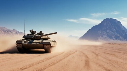 Tank in Desert Landscape - Military vehicle traversing sandy terrain, showcasing power, strength, and potential conflict. Symbols of power, conflict, military strength, desert warfare