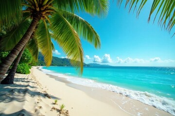 Palm-fringed sandy beach, turquoise ocean waves, palm trees, serene
