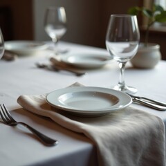 Subdued lighting, soft linens, place settings, silverware, home decor, candles, decor