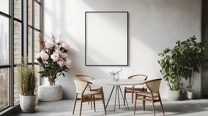A mockup of an A3 frame on the wall in a white kitchen, with light wooden furniture, a marble countertop, and a small round table with food and coffee mugs. 