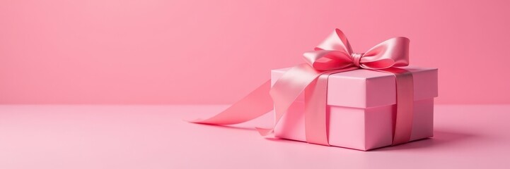 Fototapeta premium Elegant gift box with satin ribbon, pink backdrop, ample copy space , background, celebration