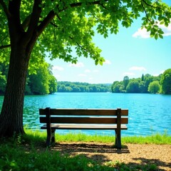 Fototapeta premium Empty bench overlooks tranquil blue lake, lush green trees , sunlight, scenery, idyllic