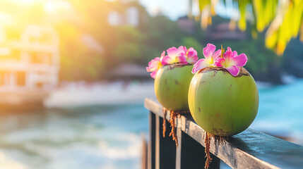 Fresh coconuts with flowers on a railing by the beach during sunset.