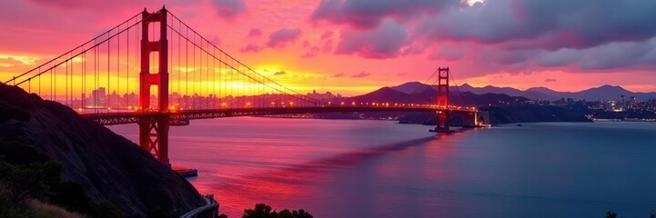 Obraz premium Golden Gate Bridge sunset, city skyline reflected in bay, west coast, travel, skyline