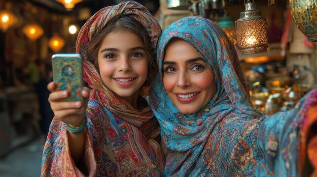 Mother and daughter selfie in a vibrant Middle Eastern market, lights in background