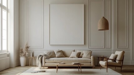 A large, blank white picture frame hanging on the wall of an elegant living room. The interior design style is simple and minimalistic, with a beige sofa adorned 