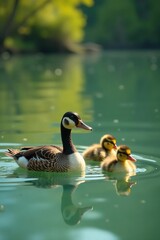 Obraz premium Mother duck leads ducklings swimming peacefully on calm lake, mother duck, family